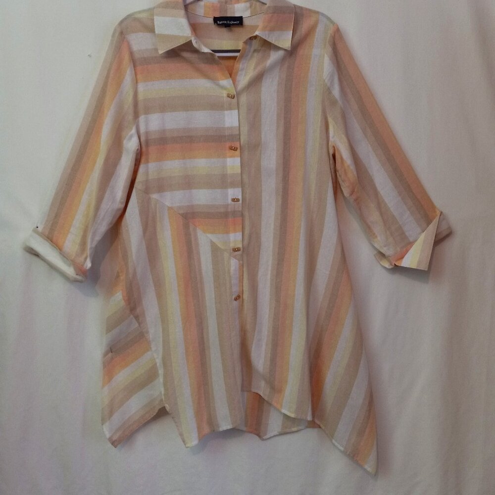 Ronnie Salloway Long Top Women Sz L Multicolor Stripes Asymmetrical Hem